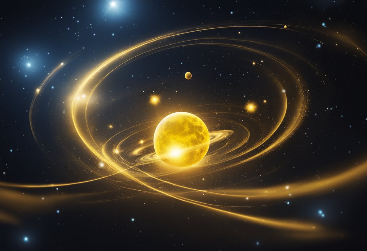 A bright yellow star surrounded by swirling gases and dust, with planets orbiting in the distance