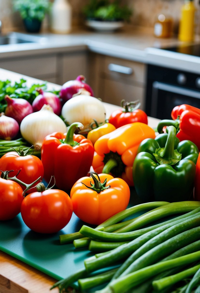 A colorful array of fresh vegetables, including onions, tomatoes, and bell peppers, neatly arranged on a cutting board