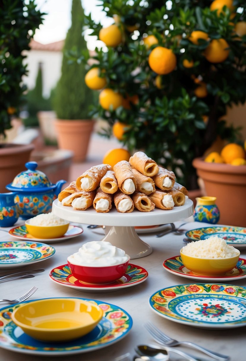 A table set with cannoli, cassata, and granita, surrounded by citrus trees and colorful ceramic dishes