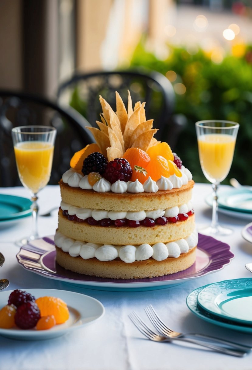 A table set with a colorful and decadent Cassata Siciliana dessert, featuring layers of sponge cake, sweetened ricotta, candied fruit, and marzipan