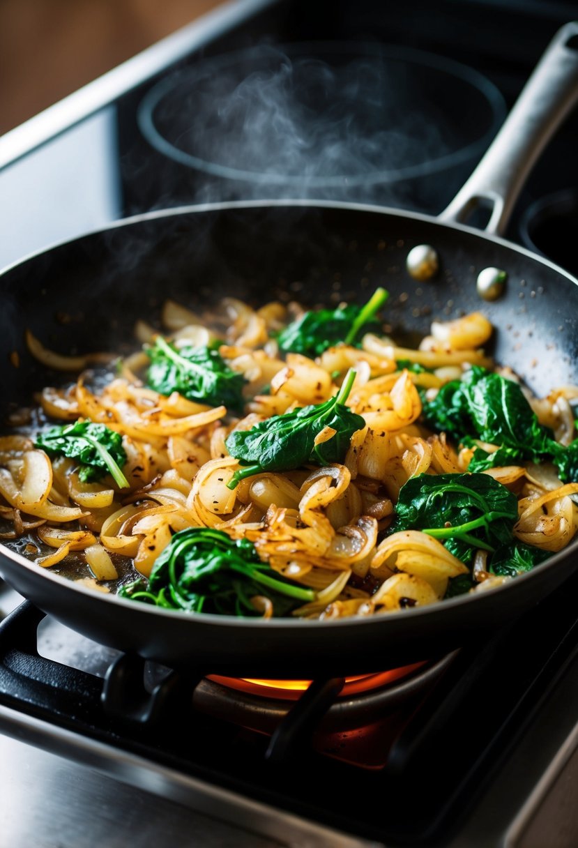 Caramelized onions and spinach cooking on a sizzling skillet