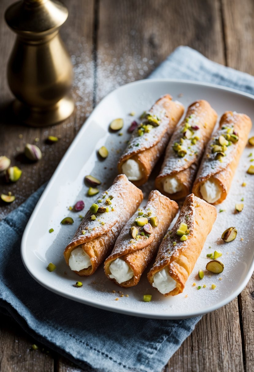 A rustic kitchen table with a plate of freshly baked cannoli filled with sweet ricotta cheese, dusted with powdered sugar, and garnished with chopped pistachios