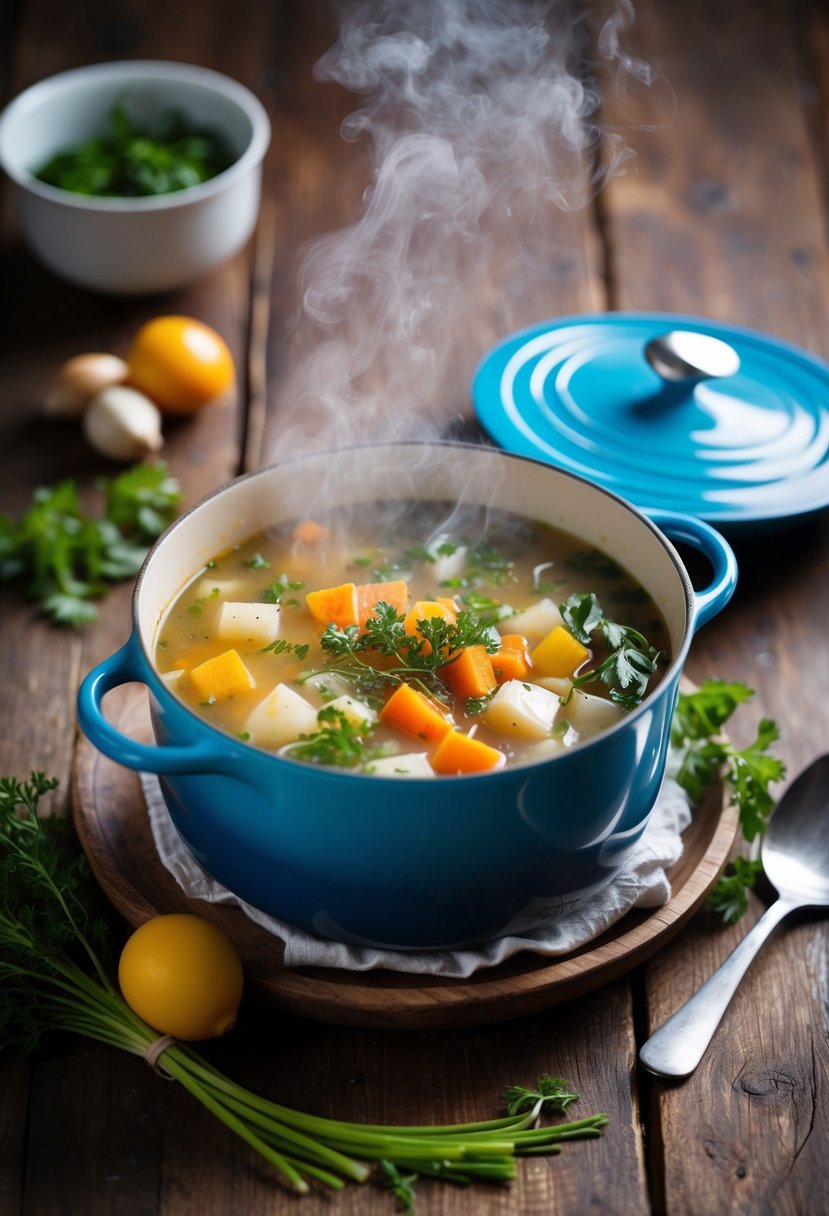 A steaming pot of French onion soup with colorful, fresh vegetables and a sprinkle of herbs, set on a rustic wooden table