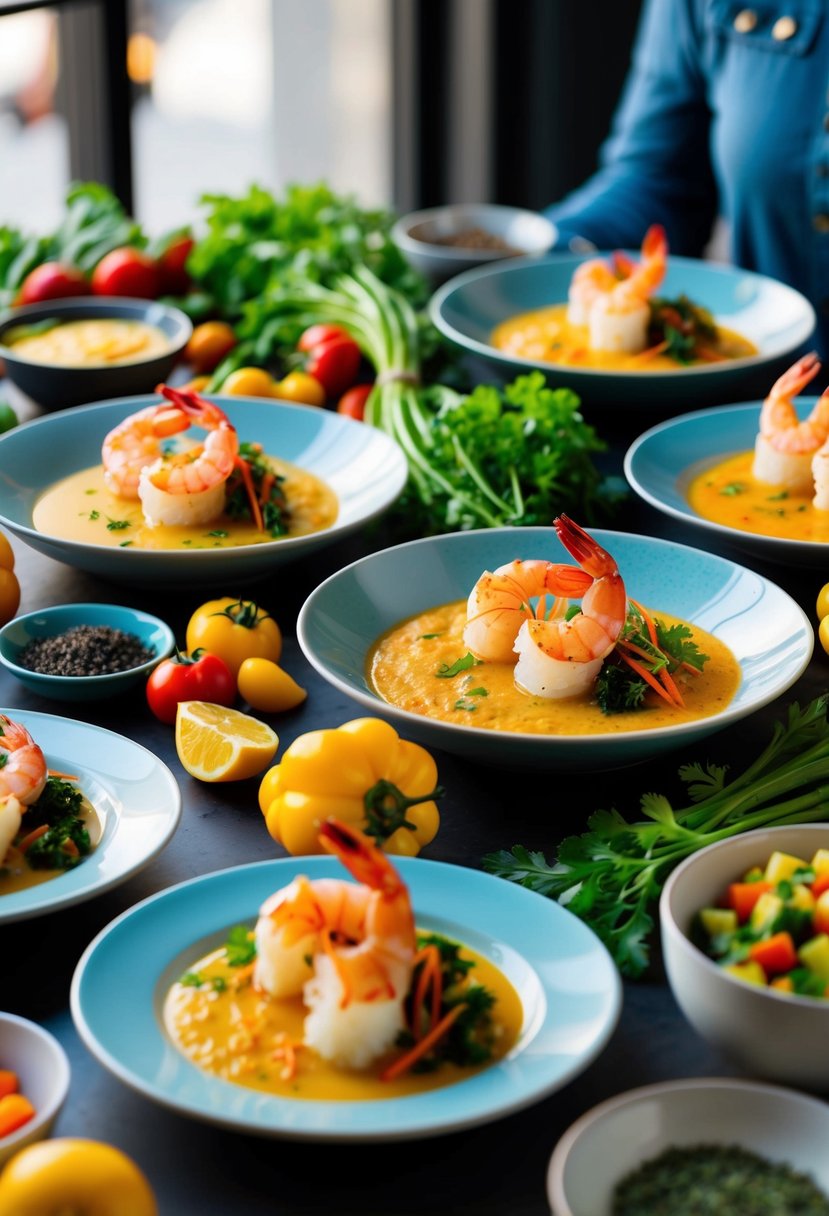 A table set with a variety of keto shrimp dishes, surrounded by vibrant vegetables and herbs