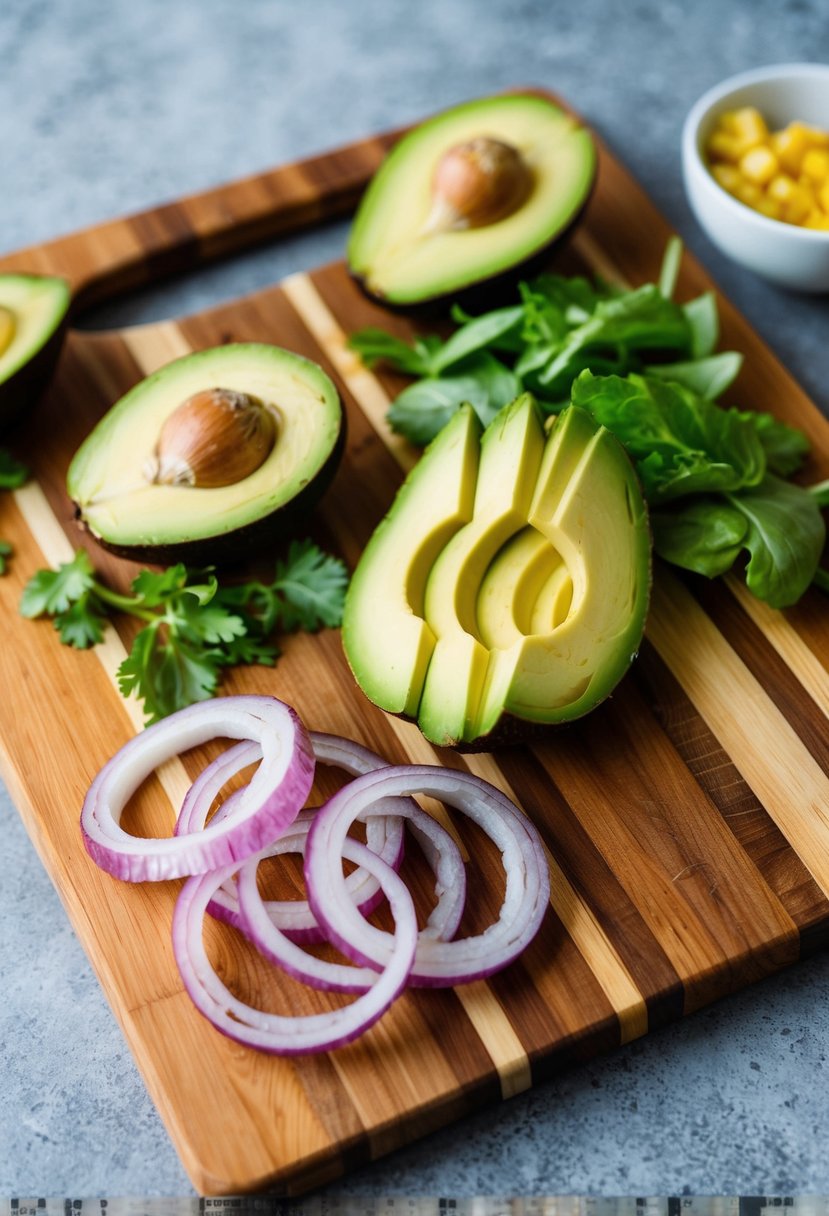 A wooden cutting board with sliced grilled onions, avocado, and salad ingredients arranged neatly