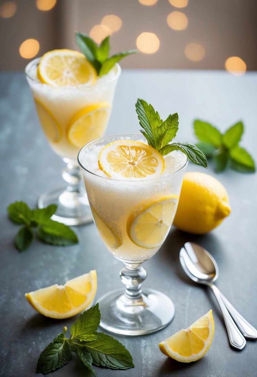 A table set with a glass of granita al limone, surrounded by lemon slices and fresh mint leaves