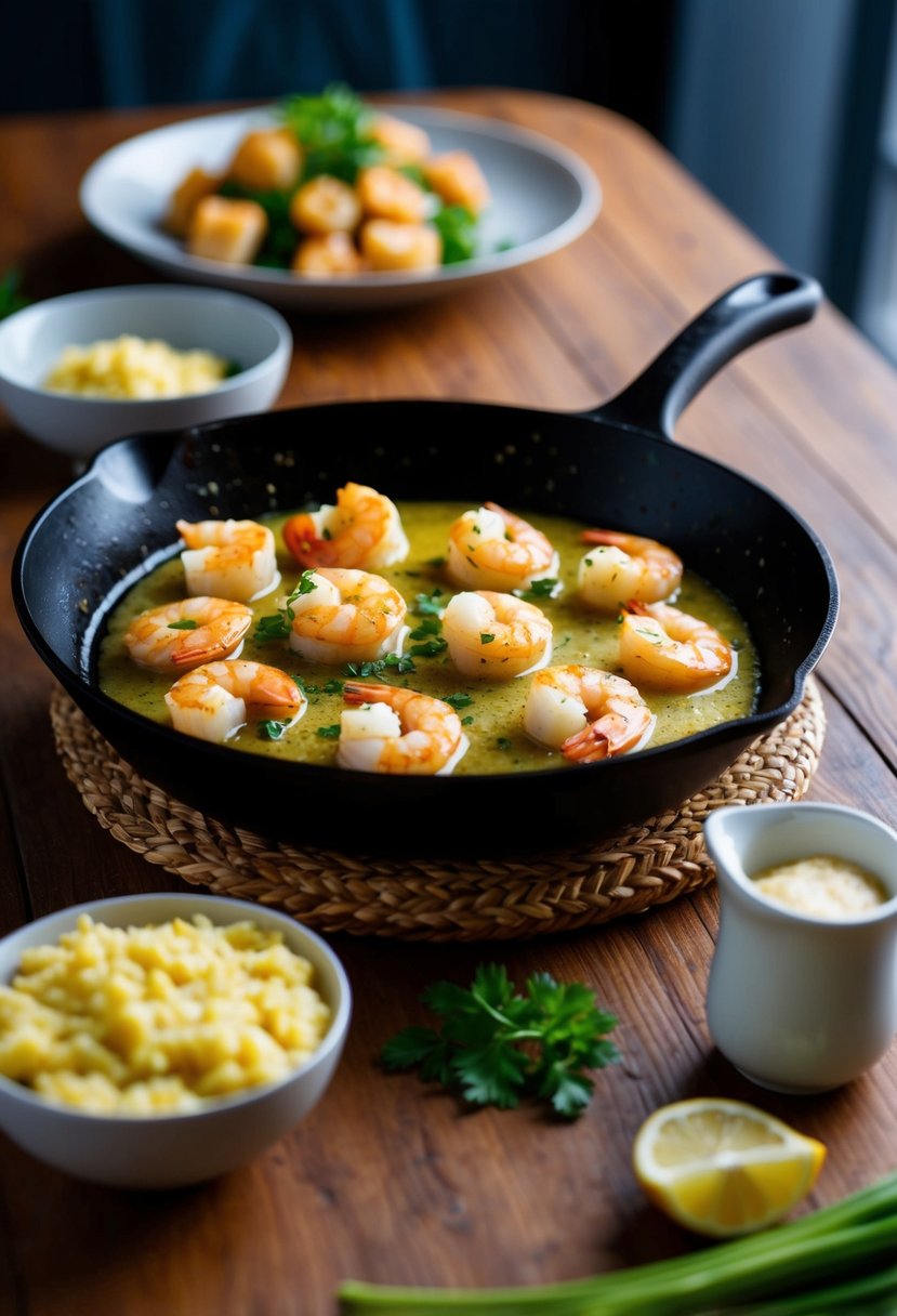 A sizzling skillet of garlic butter shrimp with keto-friendly ingredients on a dinner table