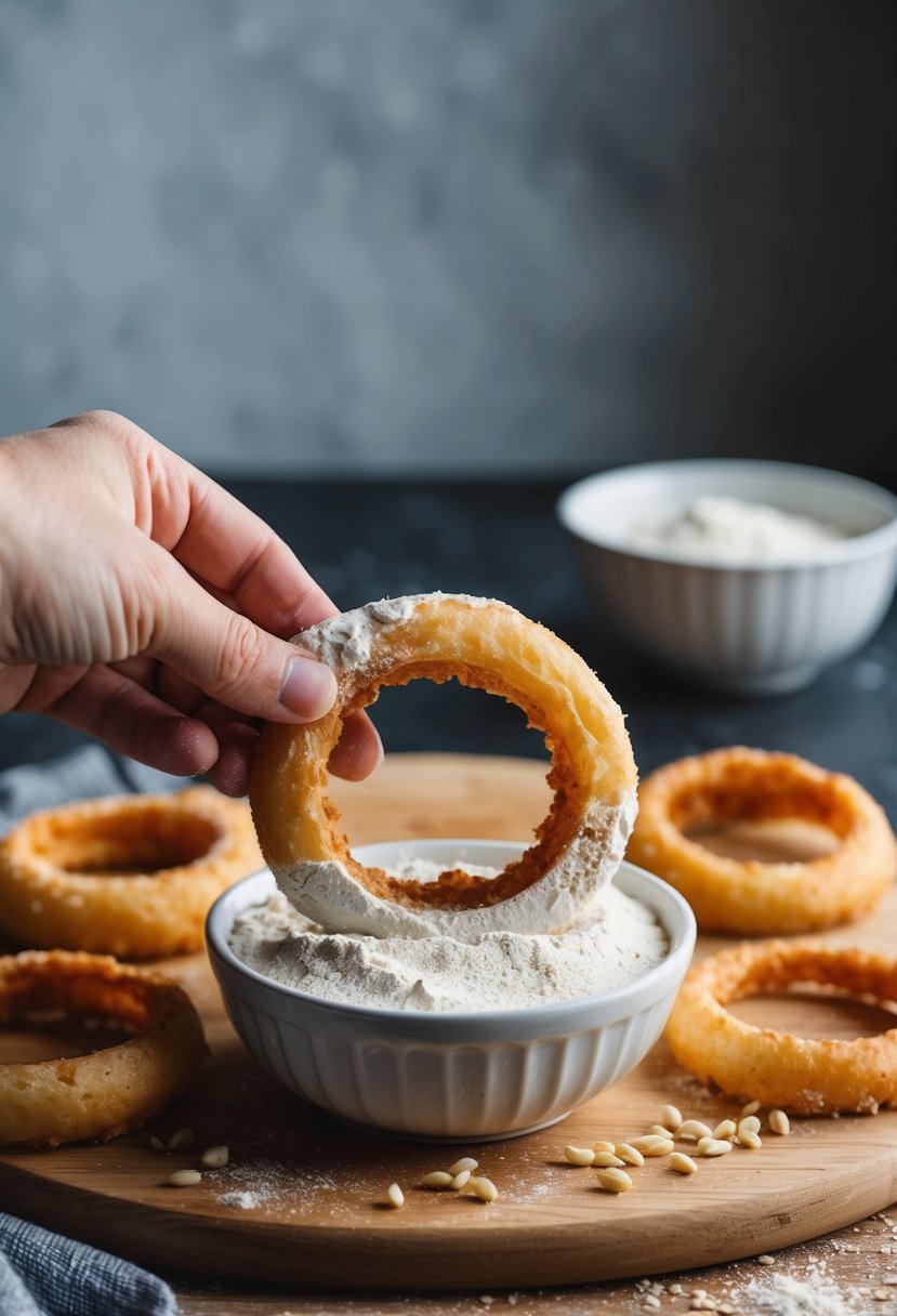 Golden onion rings being dipped in whole wheat flour, ready for baking