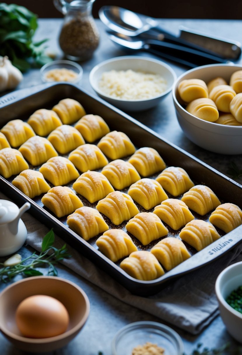 A table set with a tray of freshly baked pasticciotti Siciliani, surrounded by ingredients and cooking utensils