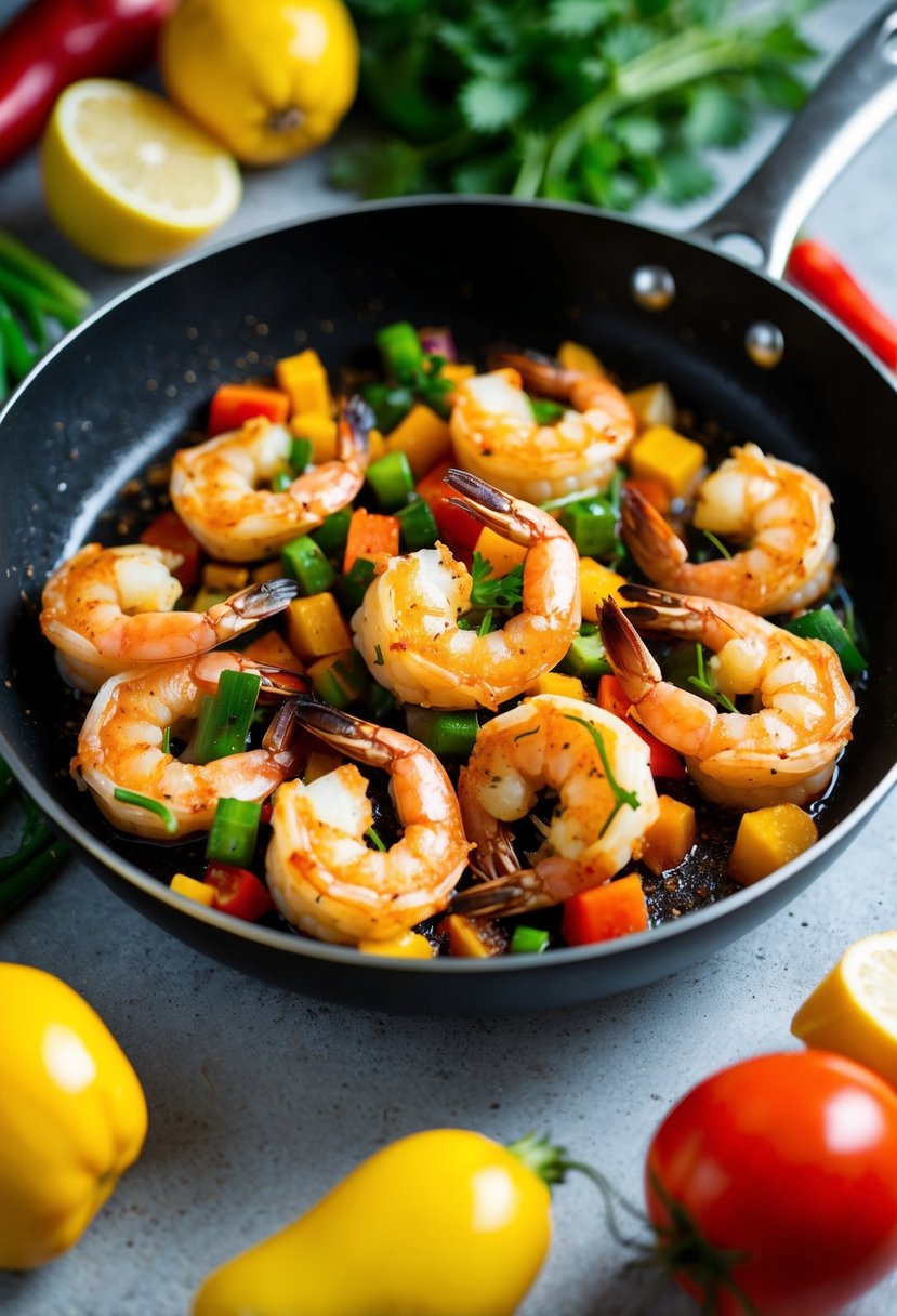 A sizzling skillet holds Cajun-spiced shrimp, surrounded by colorful low-carb vegetables