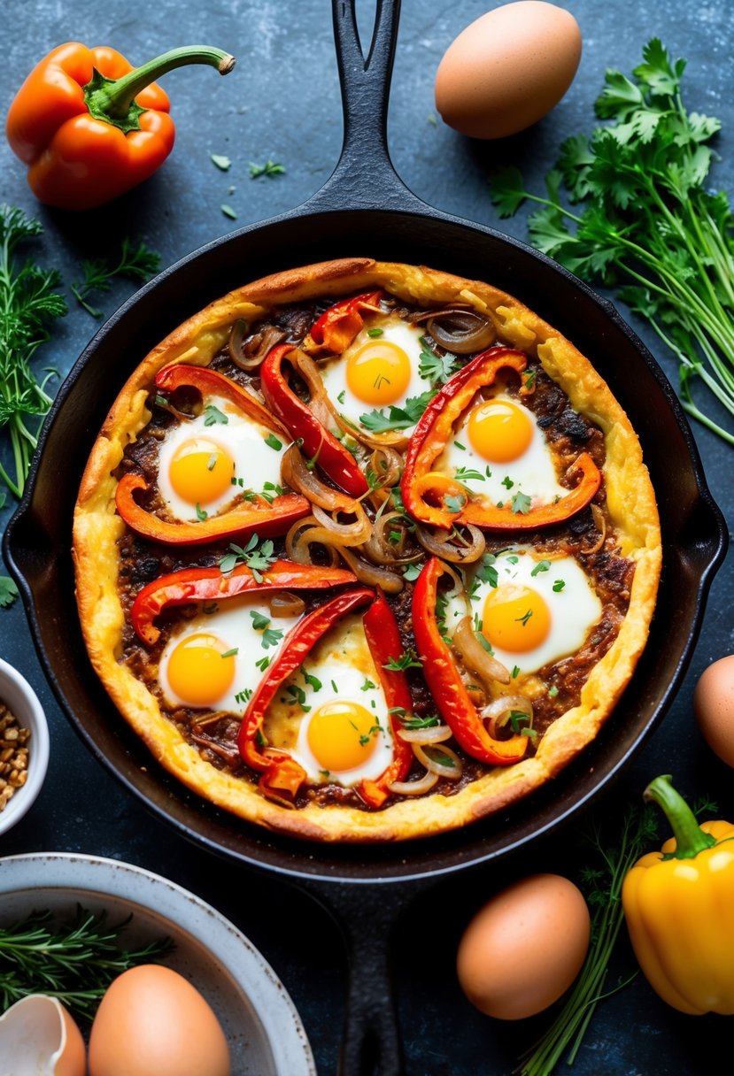 A sizzling frittata in a cast-iron skillet, filled with roasted red peppers and caramelized onions, surrounded by fresh ingredients like eggs and herbs