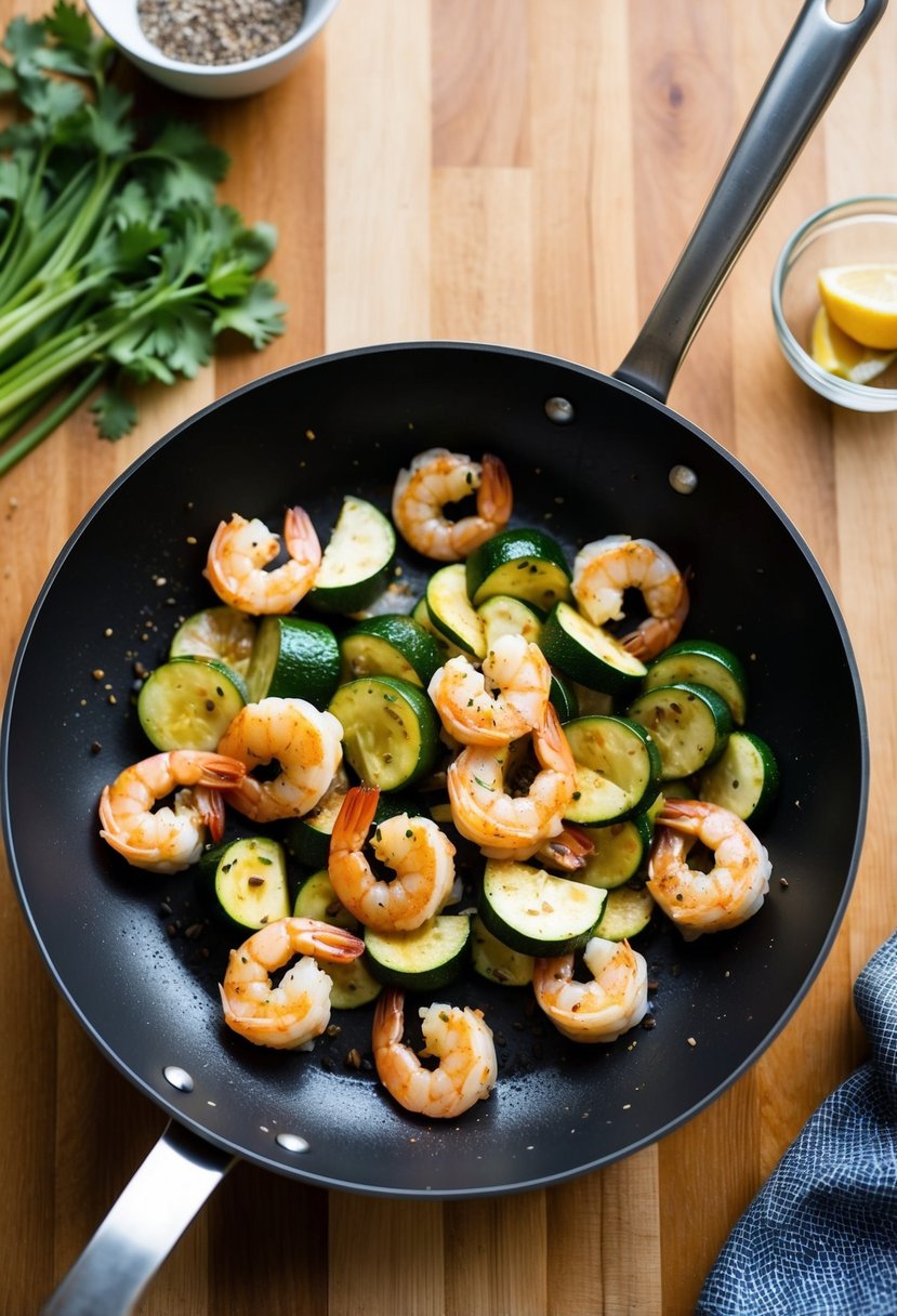 A sizzling stir-fry pan with shrimp, zucchini, and keto-friendly seasonings