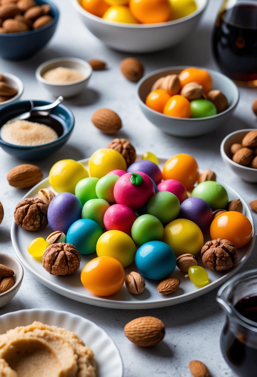 A table filled with colorful marzipan fruits and nuts, surrounded by bowls of sugar syrup and almond paste