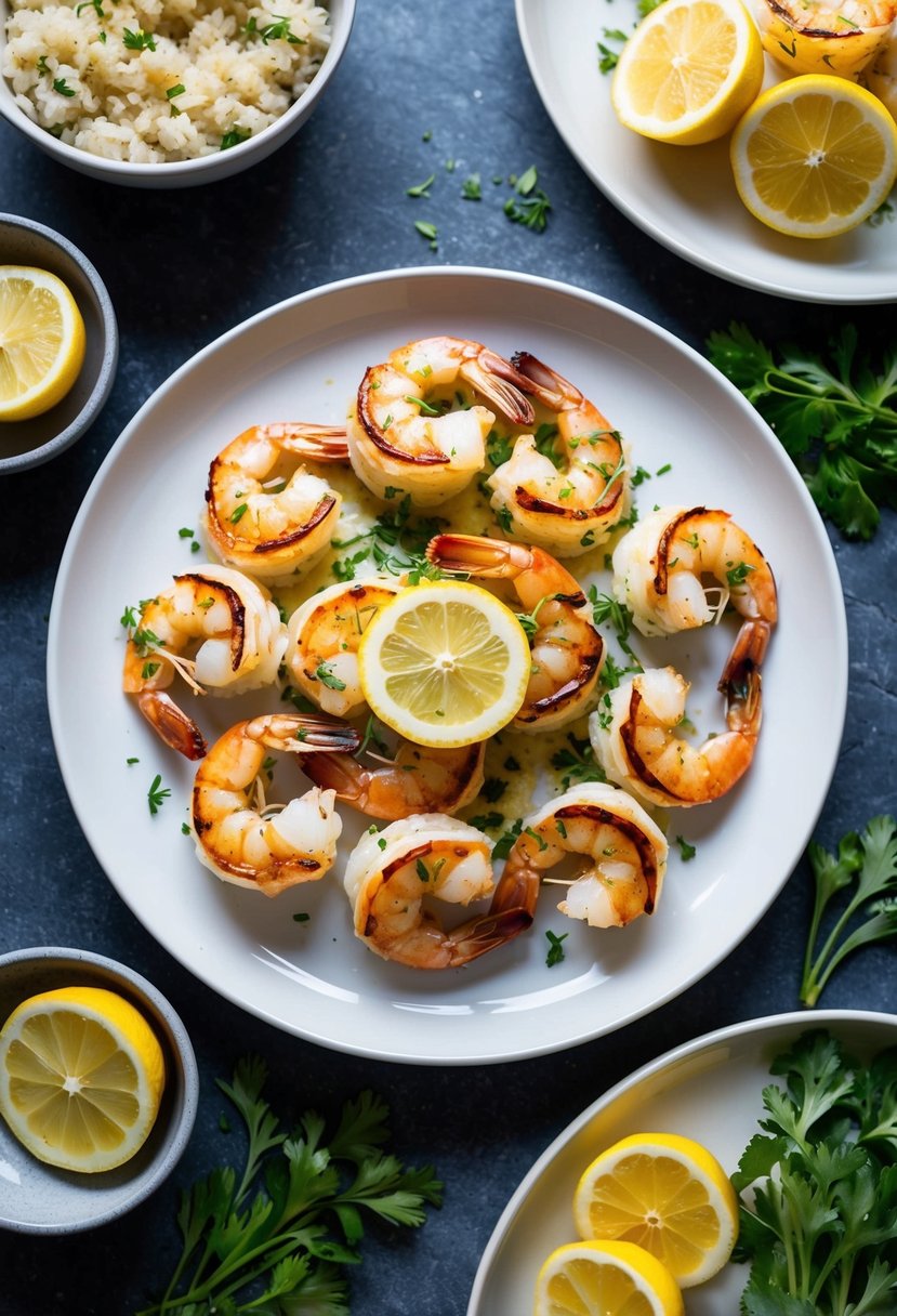 A plate of grilled shrimp with lemon and herbs, surrounded by keto-friendly side dishes