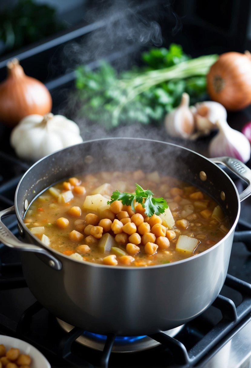 A steaming pot of onion and chickpea stew simmers on a stovetop, surrounded by fresh ingredients like onions, garlic, and chickpeas