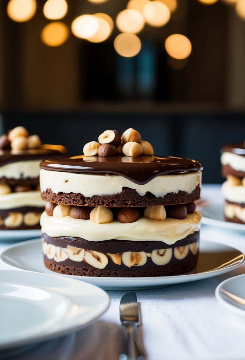 A table set with layers of chocolate, hazelnut, and cream, topped with a glossy chocolate glaze