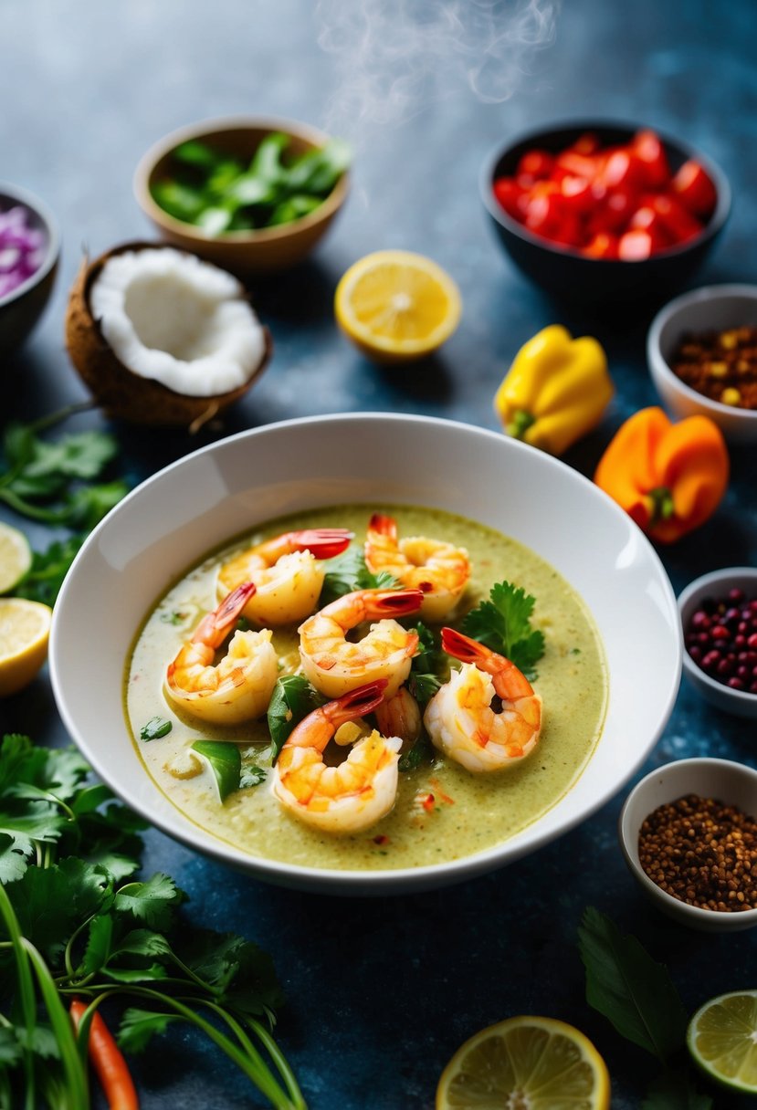 A steaming bowl of coconut shrimp curry surrounded by colorful keto-friendly ingredients