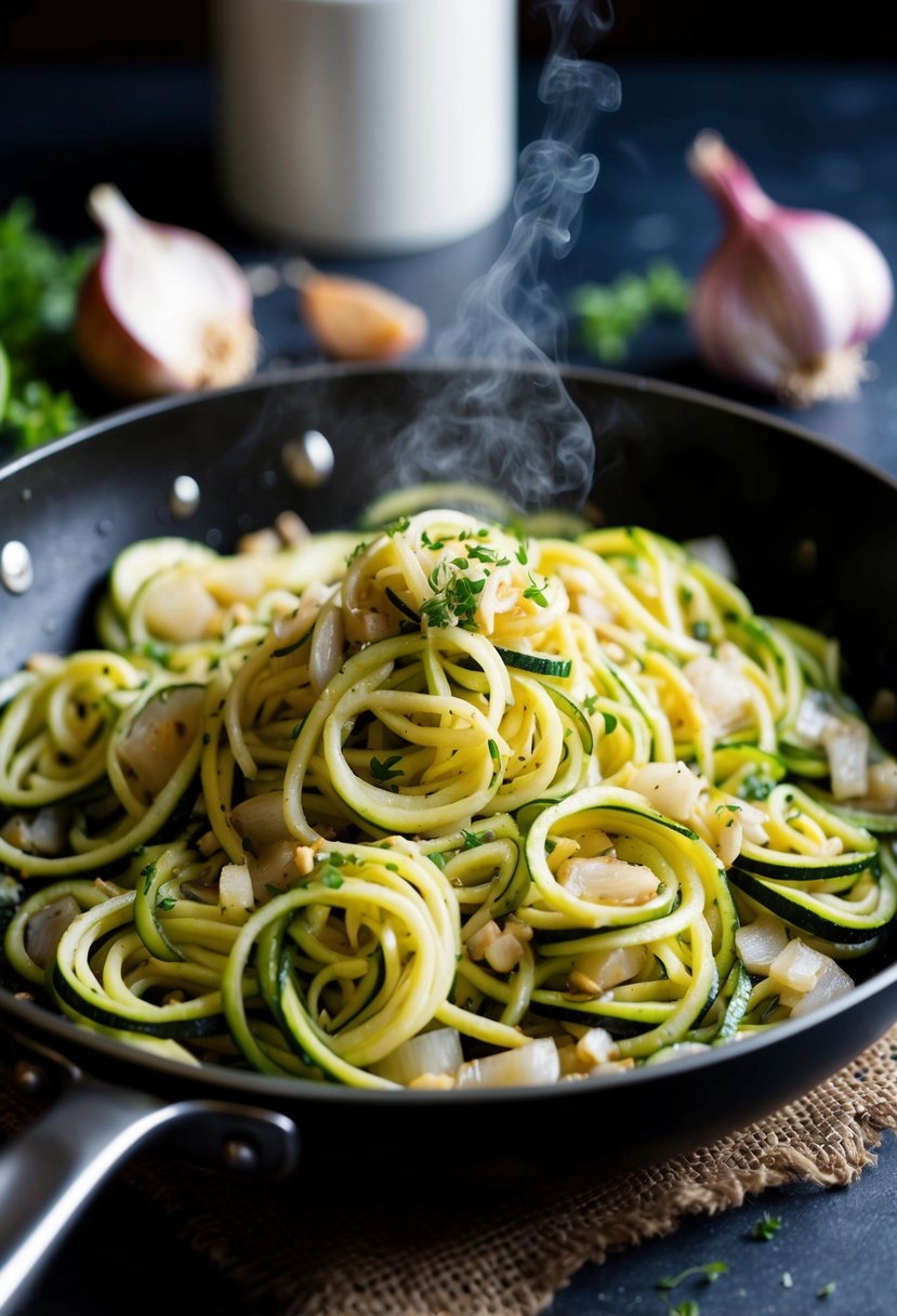 A skillet sizzling with zucchini noodles, onions, and garlic, emitting a savory aroma