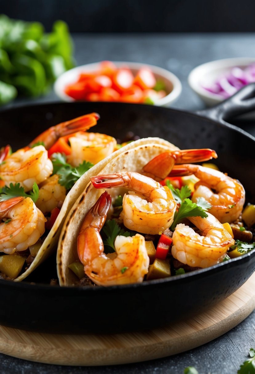 A sizzling skillet of seasoned shrimp, nestled in a low-carb taco shell with fresh, vibrant toppings