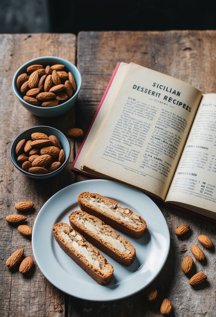 A rustic kitchen table with a plate of almond biscotti, a bowl of almonds, and a vintage recipe book open to a page on Sicilian dessert recipes