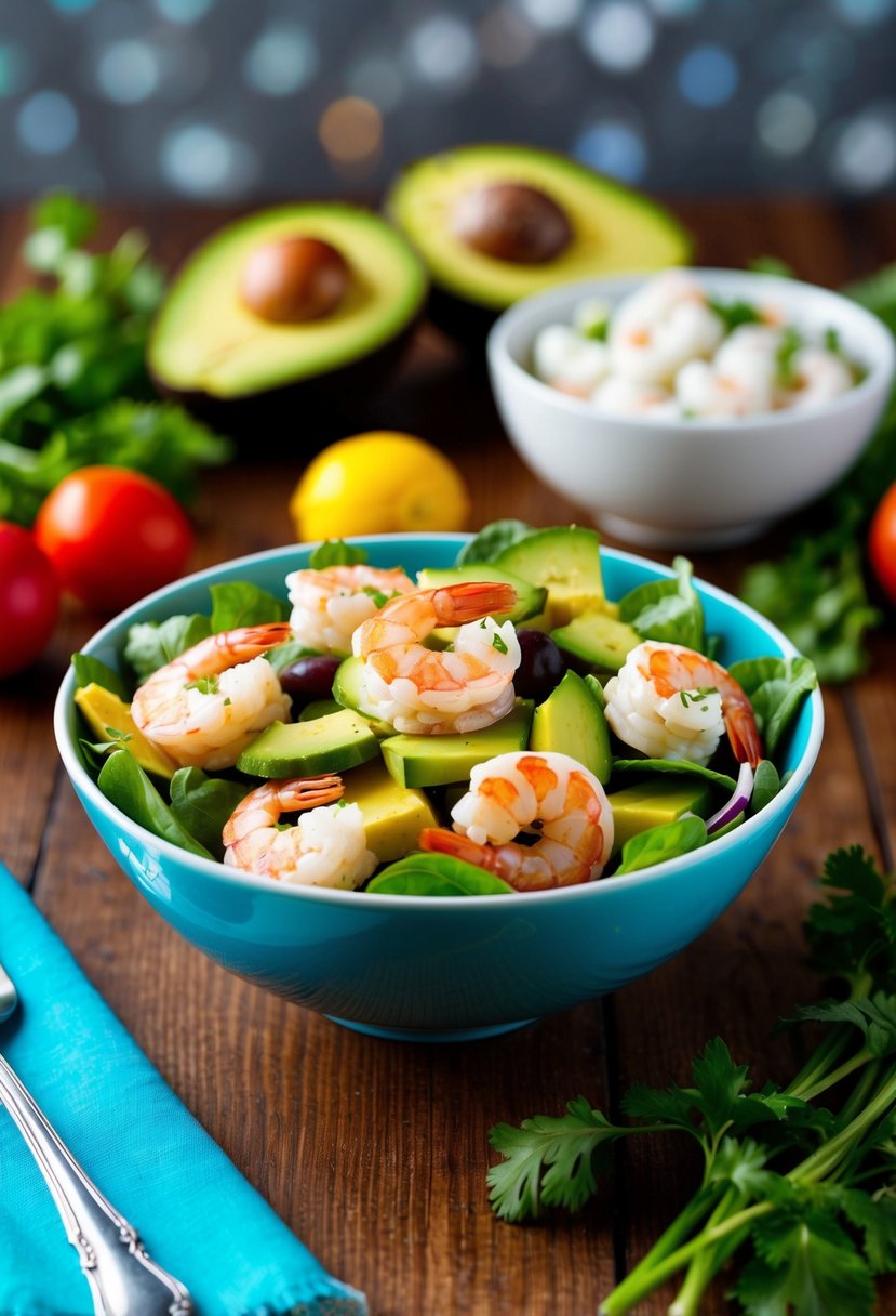 A colorful bowl of avocado shrimp salad surrounded by fresh ingredients on a wooden table