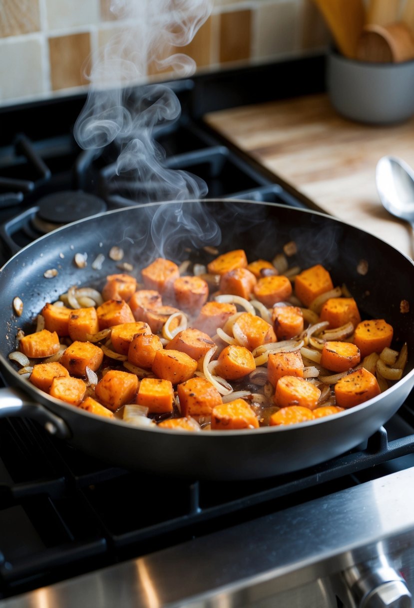 A sizzling skillet of sweet potato and onion hash cooking on a stovetop. Steam rising, golden brown edges, and savory aromas filling the kitchen