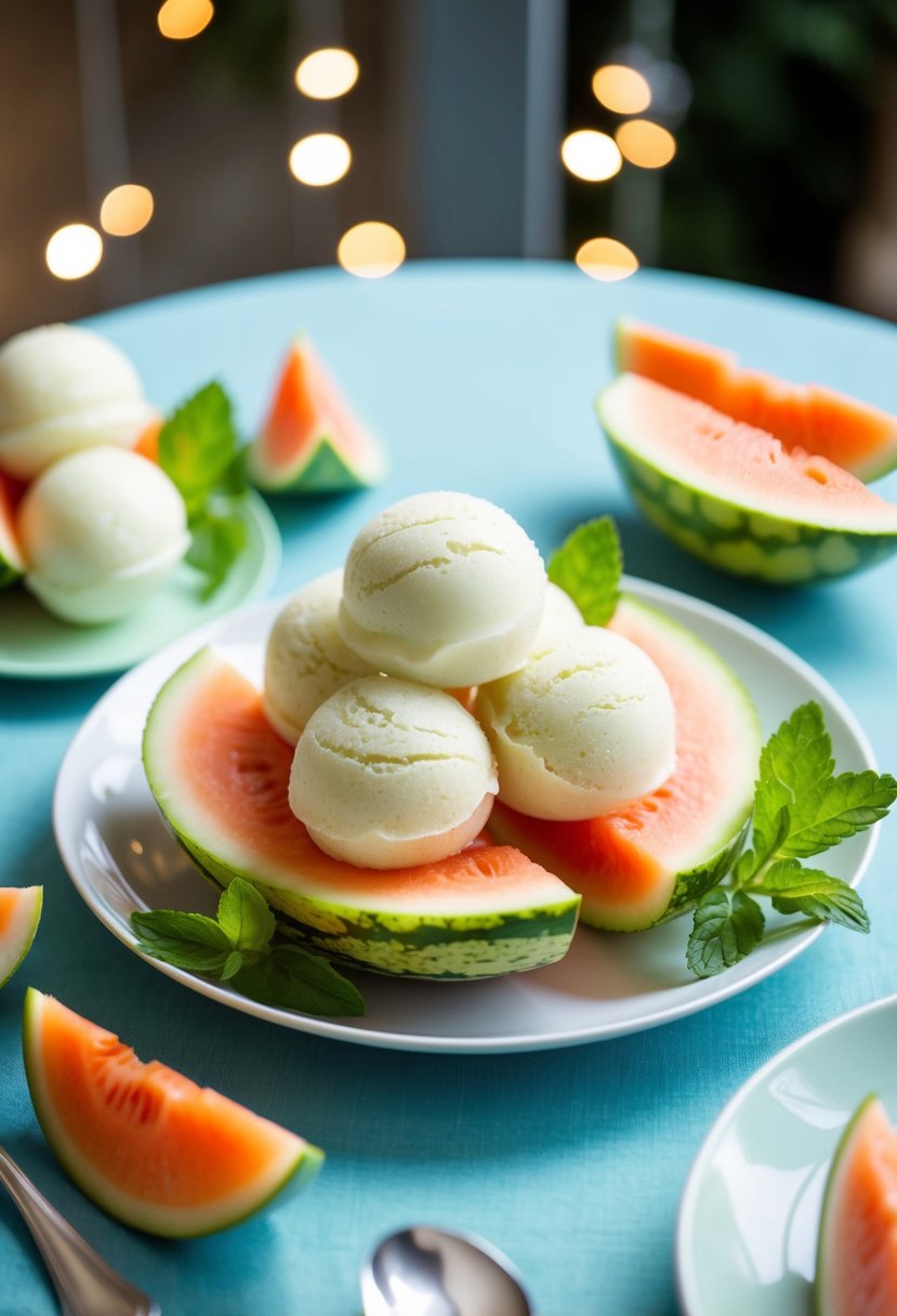 A table set with a platter of Gelo di Melone surrounded by fresh melon slices and mint leaves