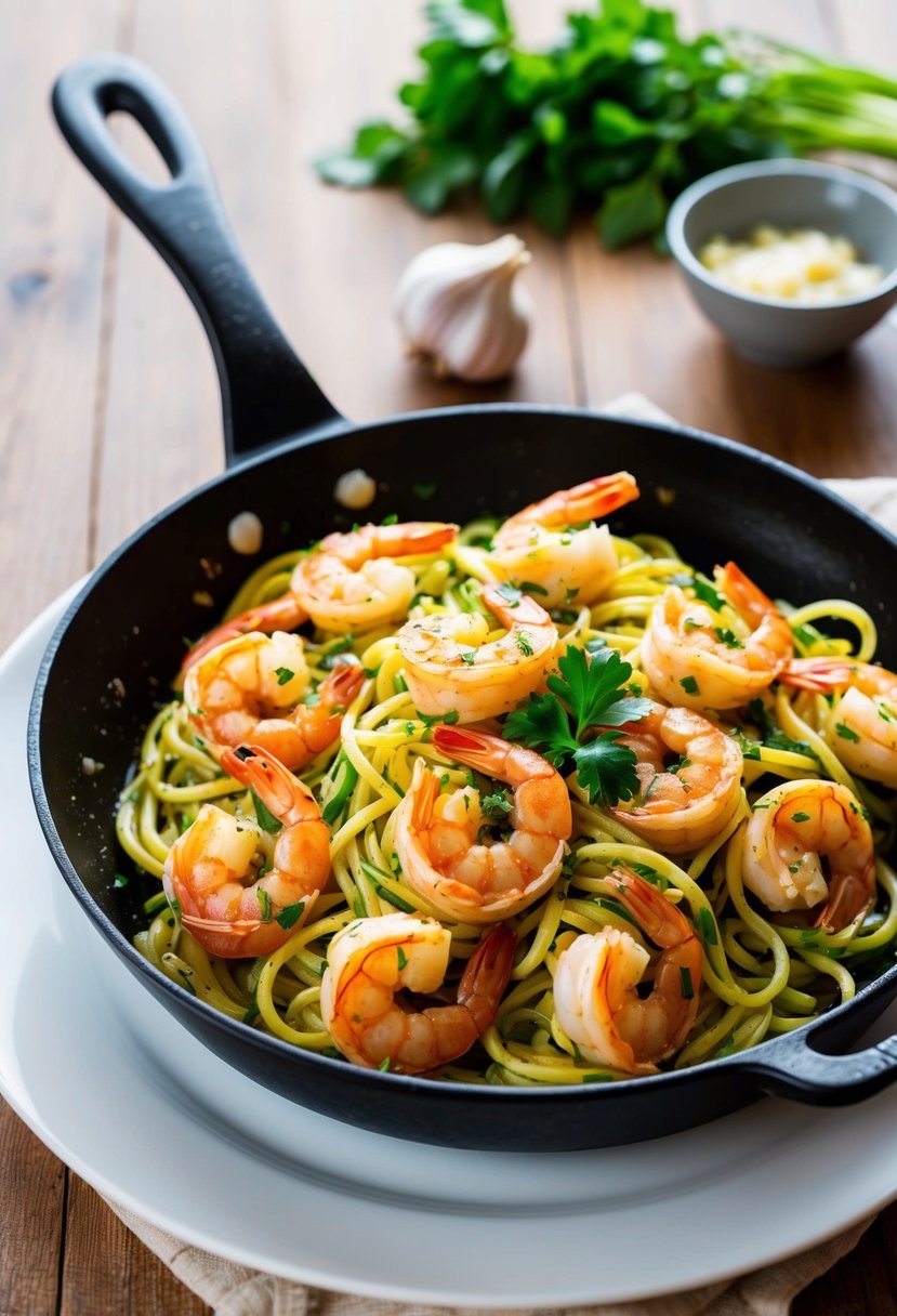 A sizzling skillet of shrimp scampi zoodles with garlic and herbs, served on a white plate with a garnish of fresh parsley