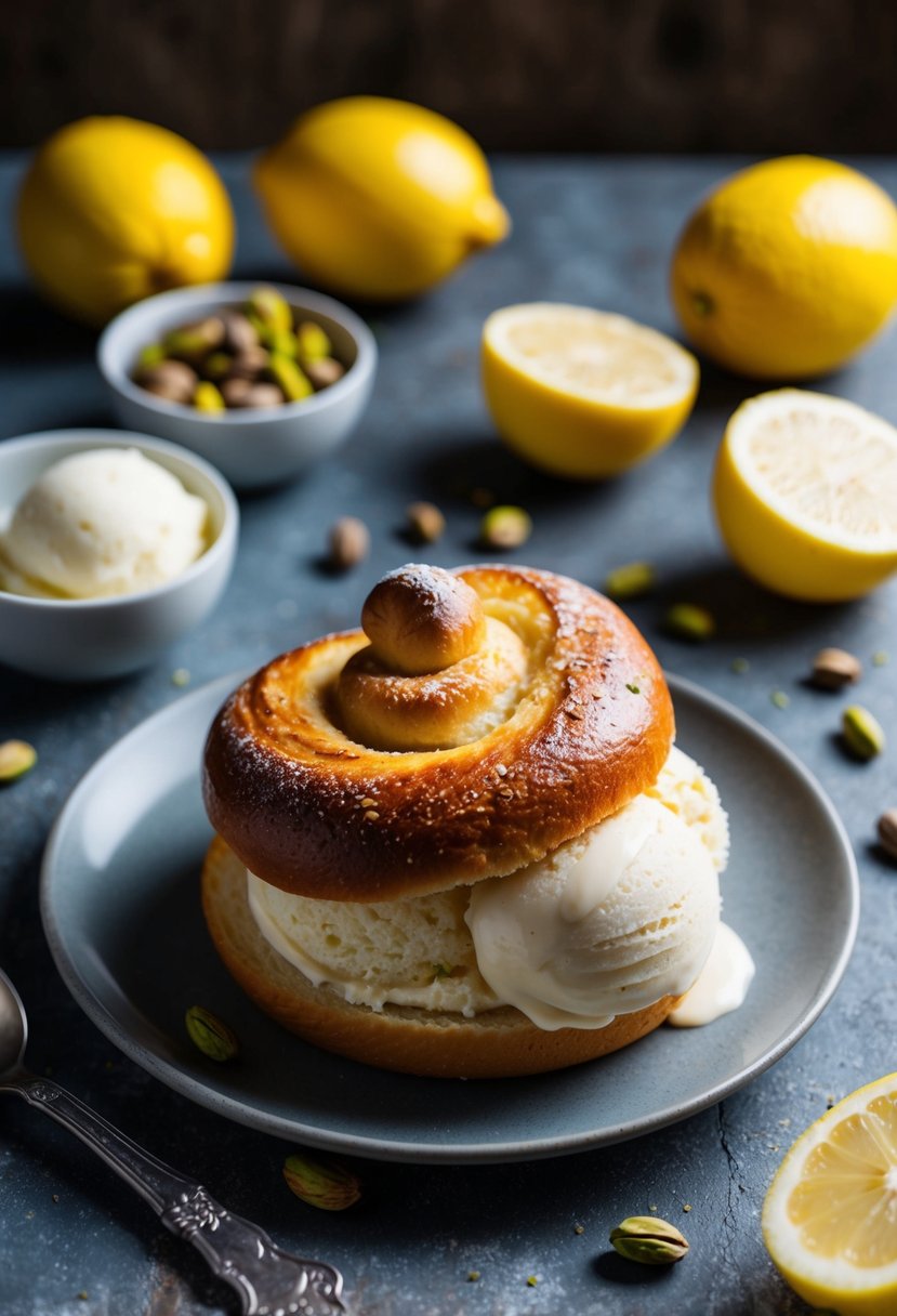 A brioche con gelato sits on a rustic table, surrounded by fresh ingredients like pistachios and lemons. The warm, golden brioche contrasts with the cool, creamy gelato