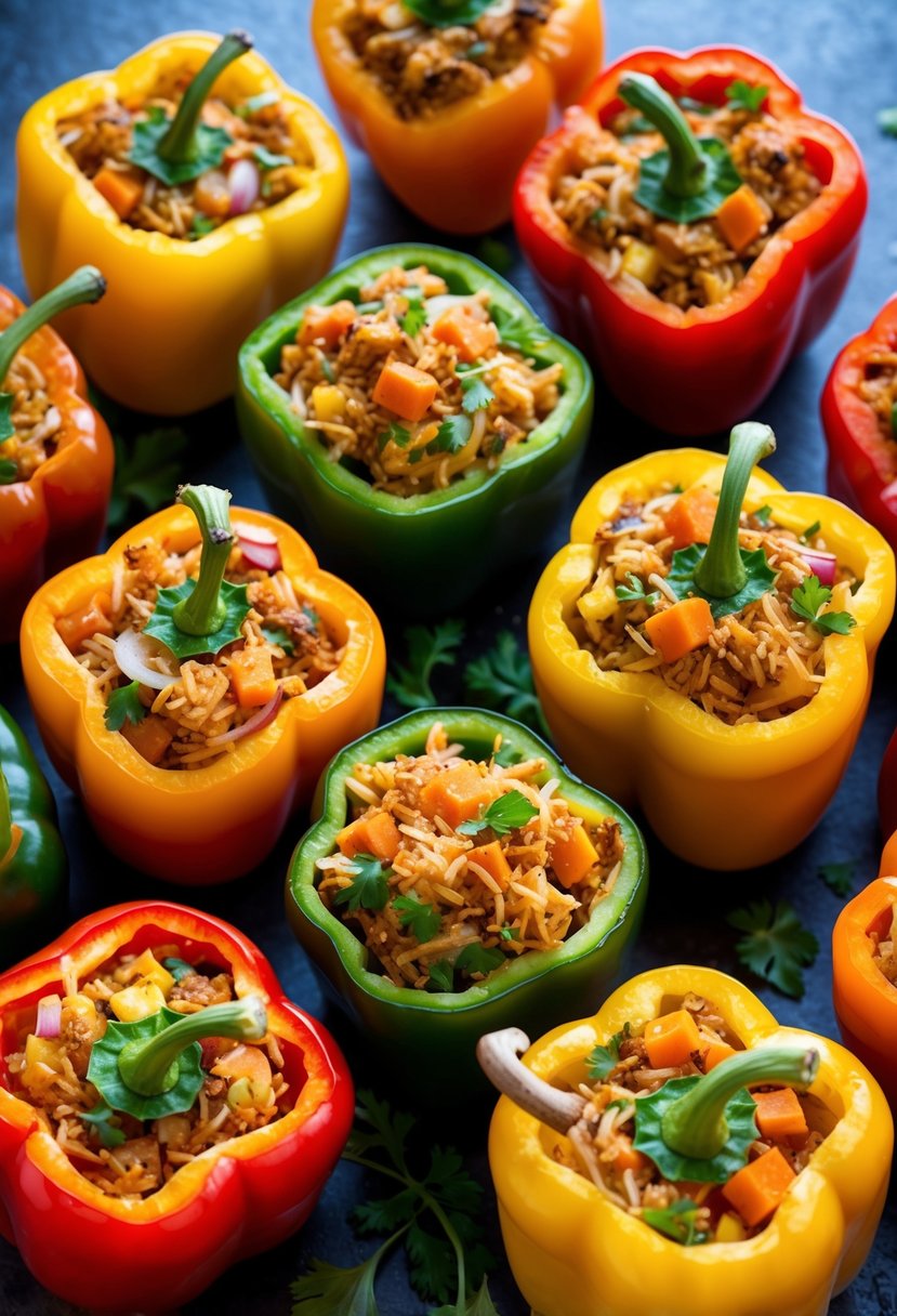 A colorful array of bell peppers stuffed with a mixture of rice, onions, and healthy ingredients, ready to be cooked