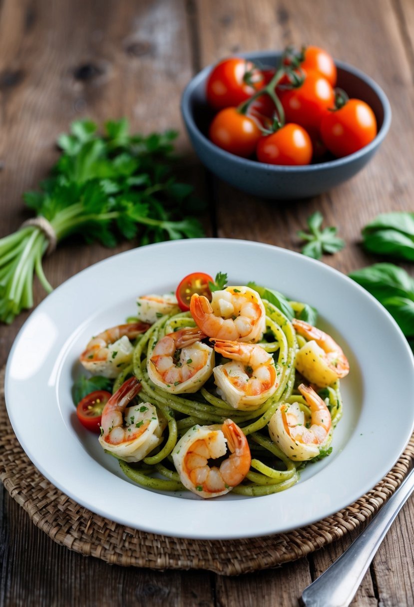 A plate of keto pesto shrimp pasta with fresh herbs and cherry tomatoes on a rustic wooden table