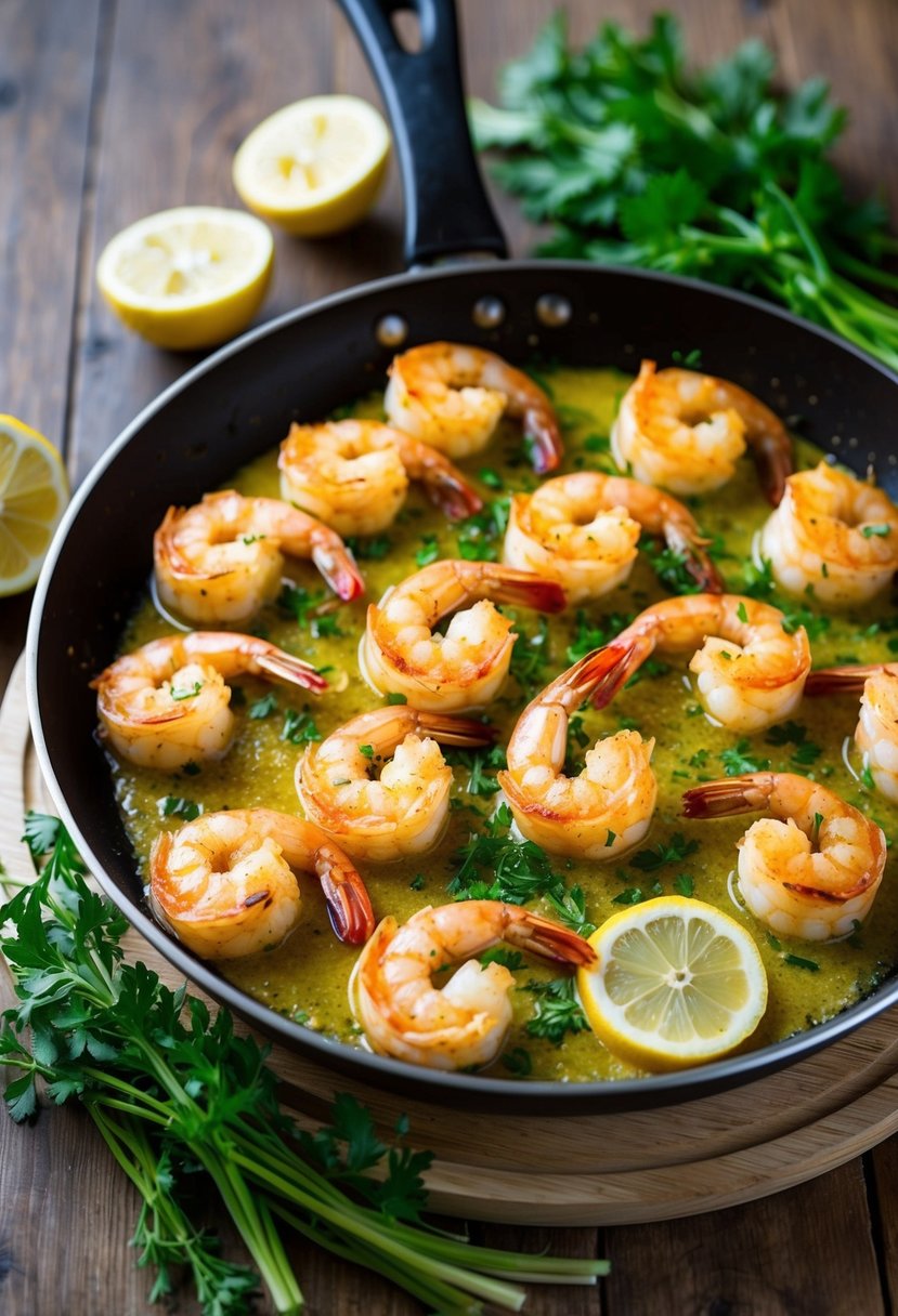 A sizzling skillet of garlic parmesan shrimp surrounded by fresh herbs and lemon slices on a wooden table