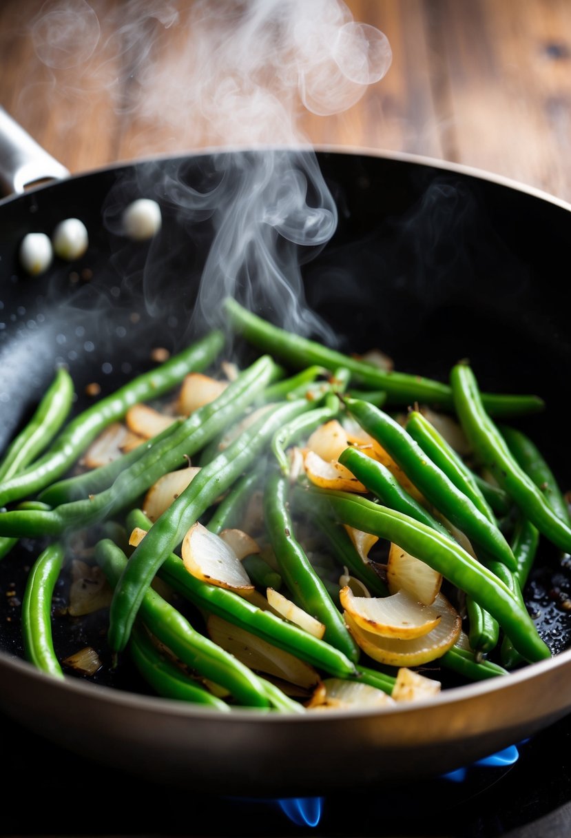 Green beans and onions sizzling in a skillet, steam rising. Vibrant colors and enticing aromas