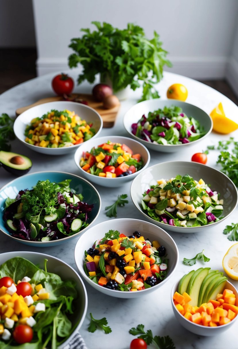 A table set with a variety of colorful salads, each under 400 calories, surrounded by fresh ingredients and a light, airy atmosphere