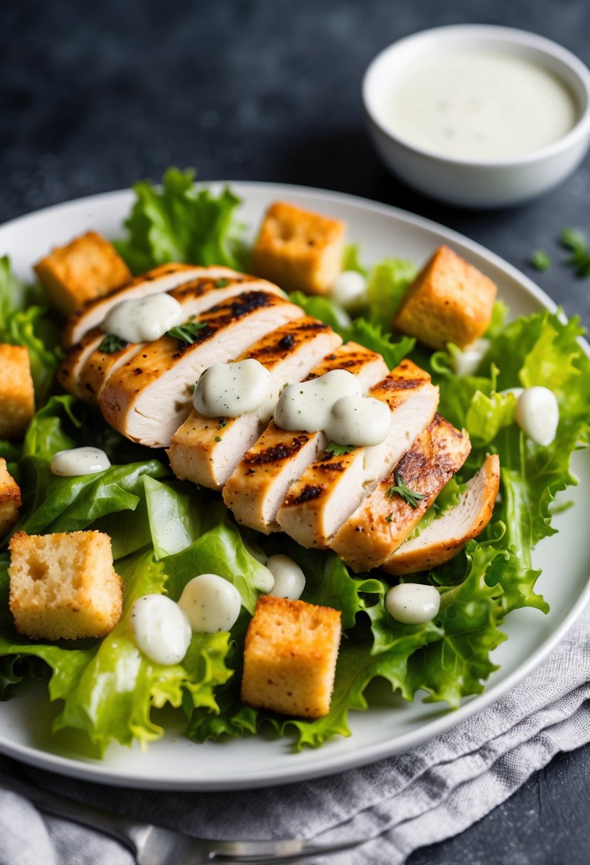 A plate of Grilled Chicken Caesar Salad with fresh lettuce, juicy grilled chicken, croutons, and a light Caesar dressing, all under 400 calories