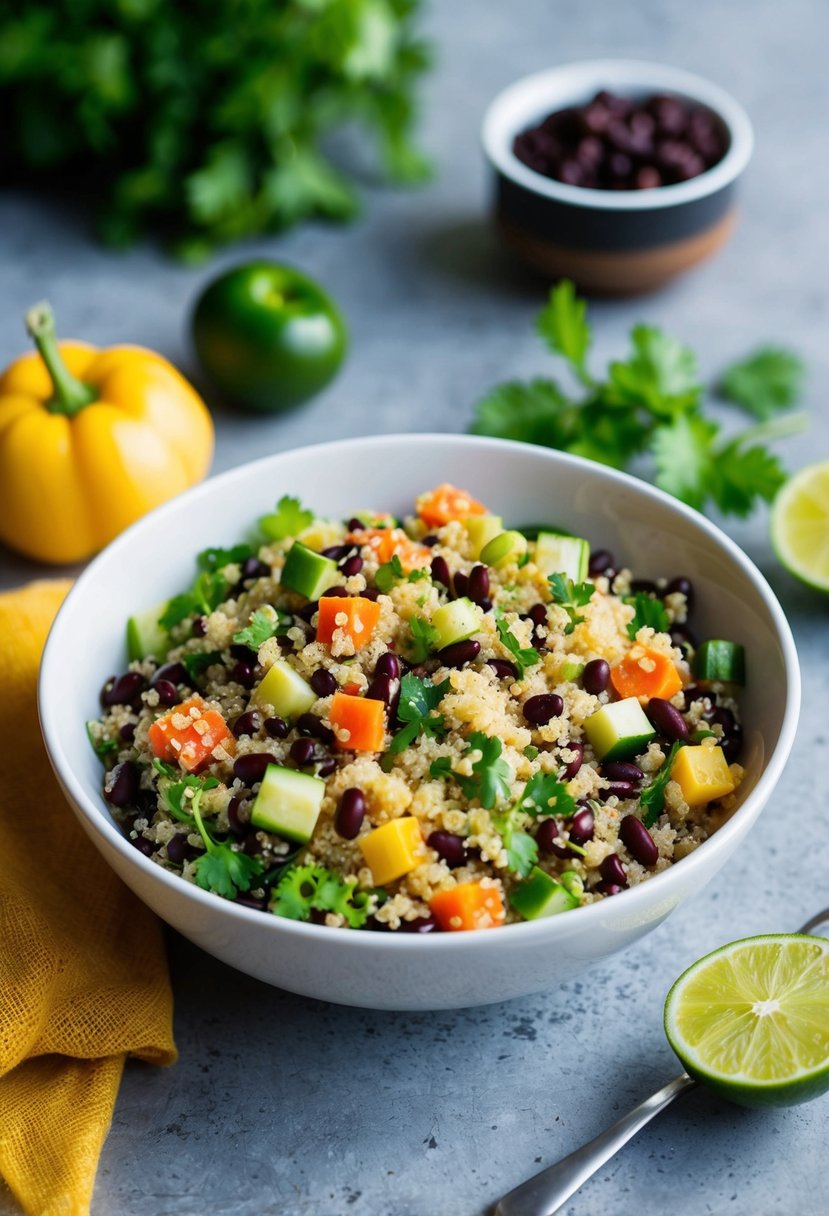 A colorful bowl of quinoa and black bean salad with fresh vegetables, all under 400 calories, perfect for a healthy lunch option