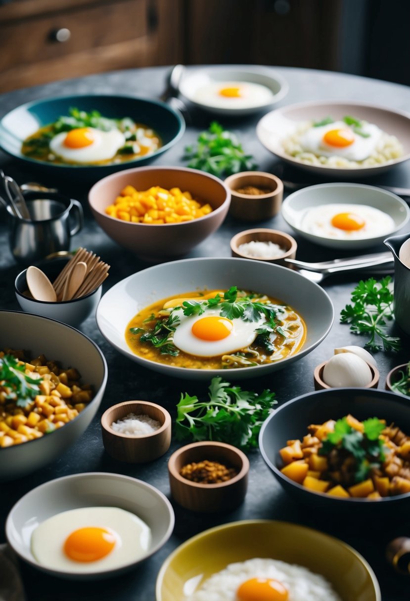 A table set with a variety of dishes featuring eggs, surrounded by cooking utensils and fresh ingredients