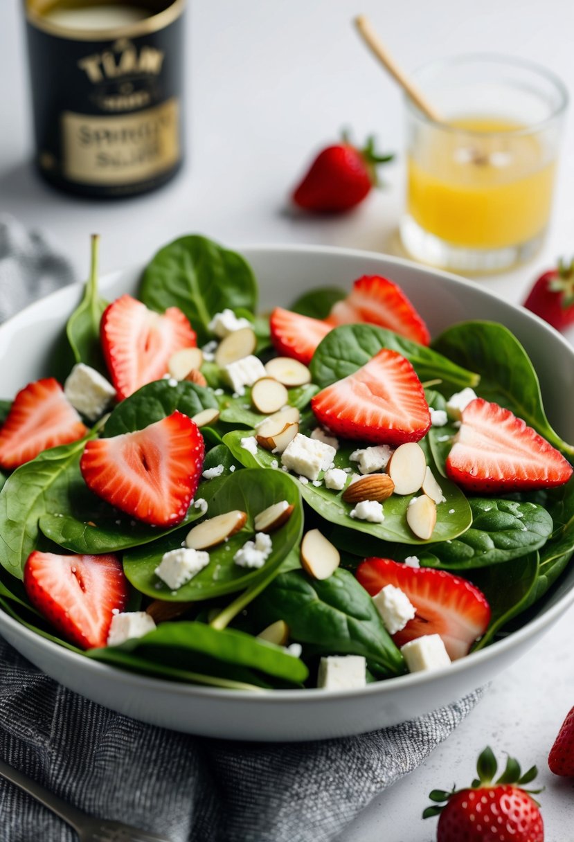 A bowl of fresh spinach and strawberry salad with a light vinaigrette dressing, topped with sliced almonds and feta cheese