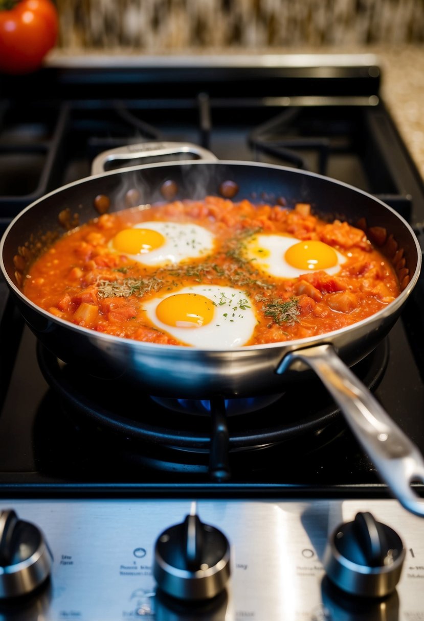 A skillet with simmering tomato sauce, cracked eggs, and sprinkled spices on a stove