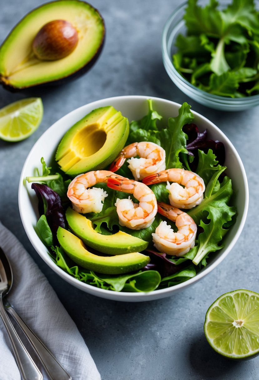 A vibrant salad bowl with zesty lime shrimp, ripe avocado, and fresh greens, all under 400 calories