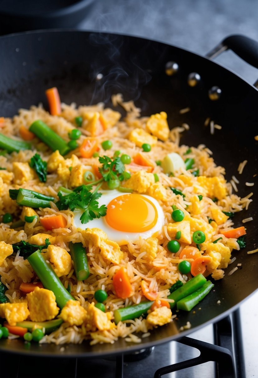 A sizzling wok cooks fluffy rice, mixed with scrambled eggs and colorful vegetables, creating a delicious and aromatic egg fried rice dish