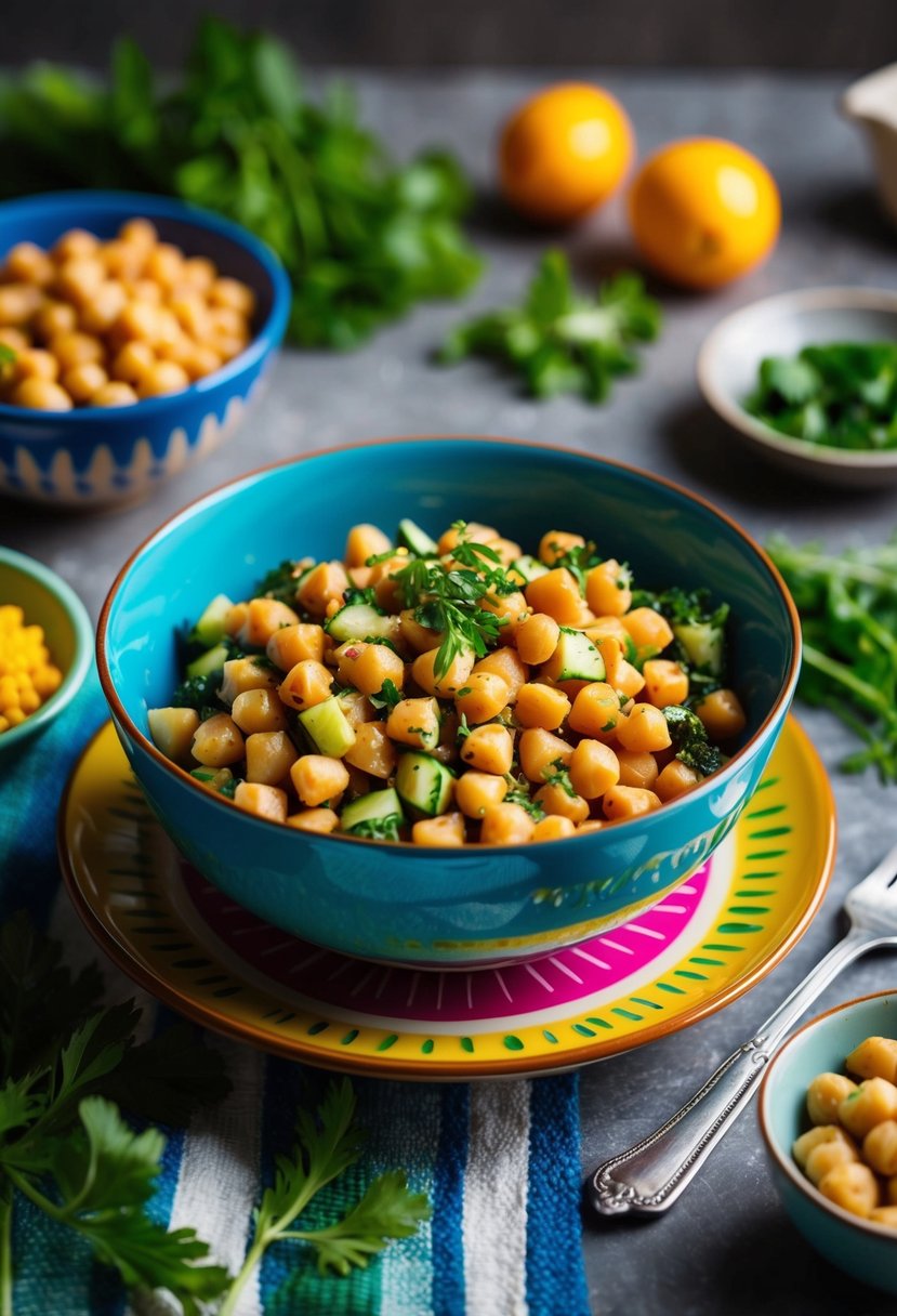 A colorful Mediterranean Chickpea Salad with fresh vegetables and herbs, served in a vibrant bowl, surrounded by ingredients and a fork