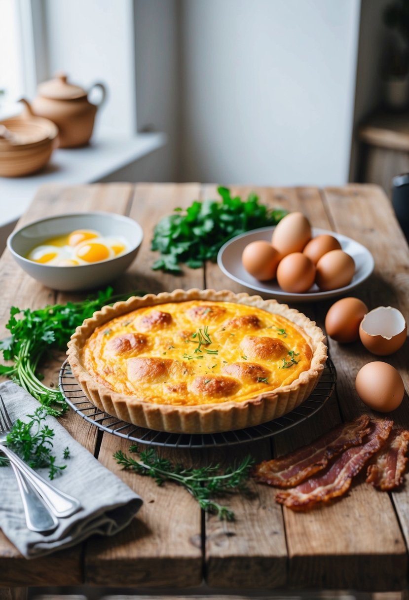 A rustic kitchen table set with a golden-brown quiche Lorraine, surrounded by fresh eggs, bacon, and herbs