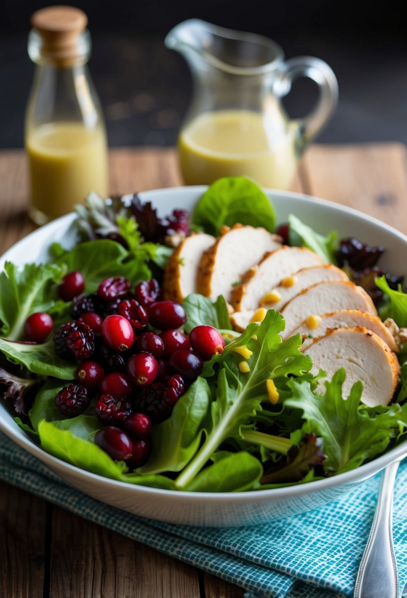 A colorful salad bowl with turkey, cranberries, and mixed greens, accompanied by a light vinaigrette dressing