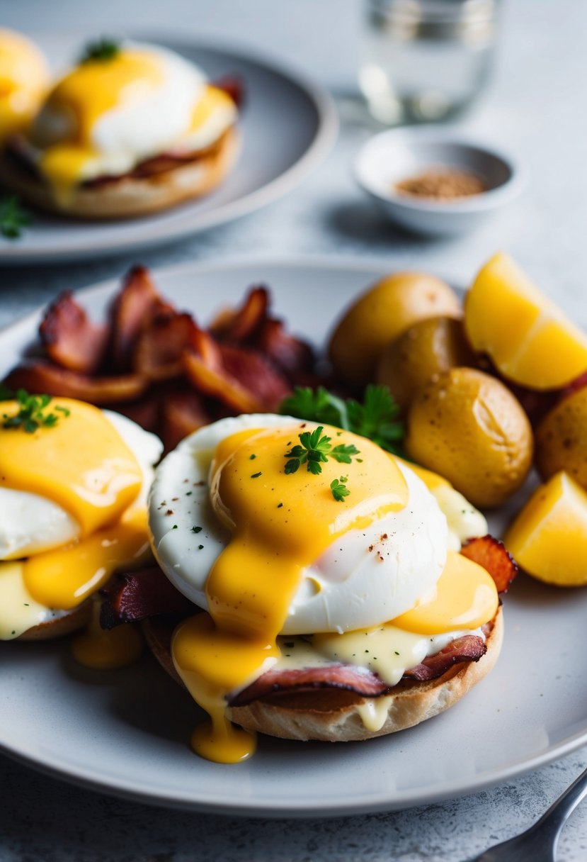 A plate of Eggs Benedict with hollandaise sauce, poached eggs, and Canadian bacon, served with a side of roasted potatoes and fresh fruit