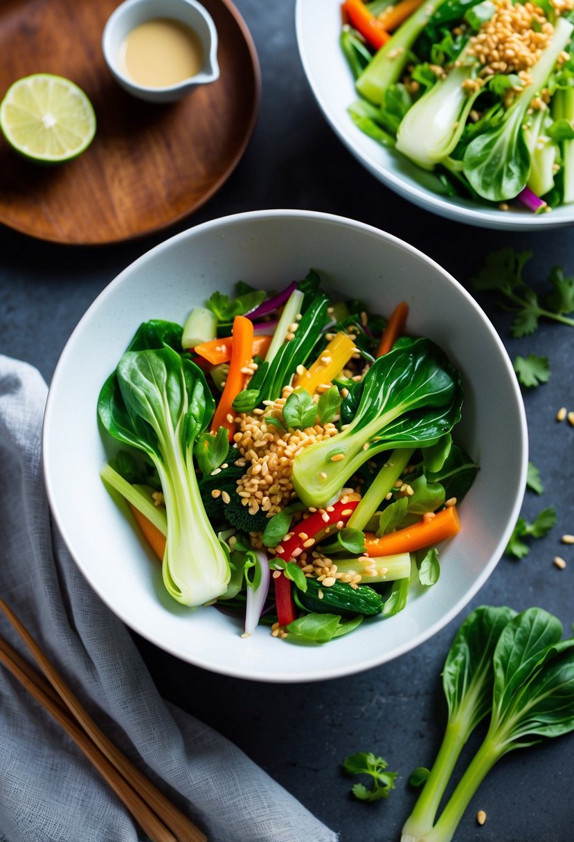 A vibrant bowl of Asian Bok Choy Salad with colorful vegetables and a light dressing, all under 400 calories