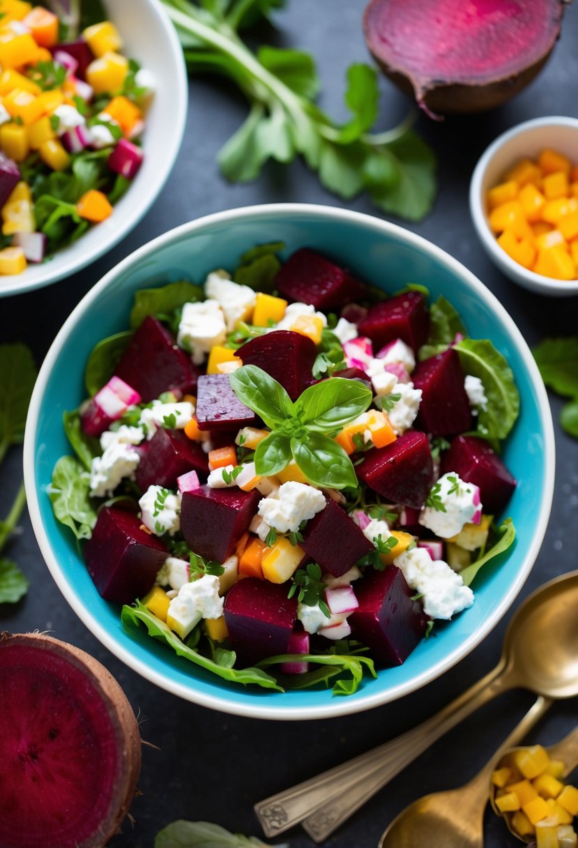 A colorful bowl of beetroot and goat cheese salad, surrounded by fresh ingredients and a calorie count of 400