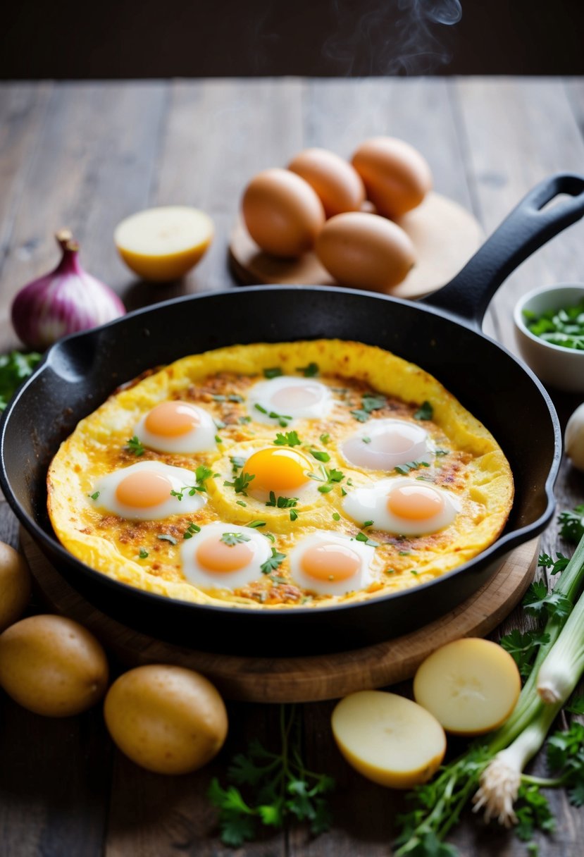 A sizzling skillet holds a golden Spanish Omelette, surrounded by fresh ingredients like eggs, potatoes, and onions