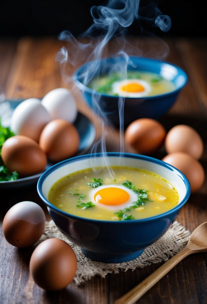 A steaming bowl of egg drop soup sits on a wooden table, surrounded by fresh eggs and other ingredients