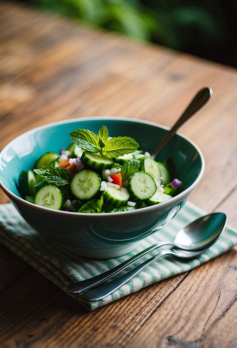 A bowl of cucumber and mint salad with fresh ingredients on a wooden table